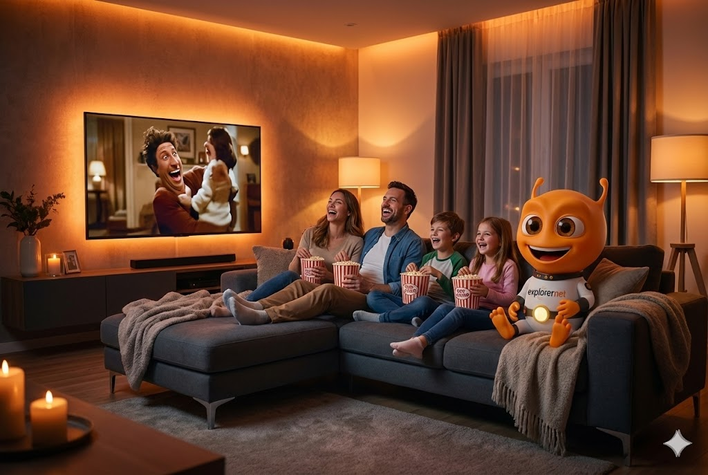 Família e o Expertinho da Explorernet assistindo TV juntos